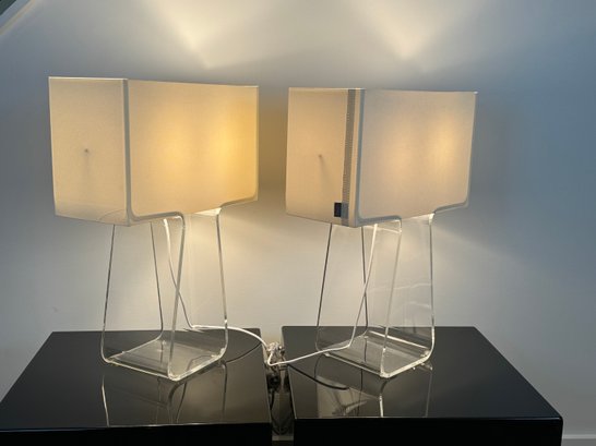 Pair Of Design Within Reach Tube Top Table Lamps With Pablo Shade