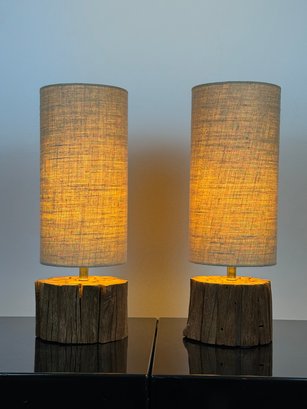 Pair Of Interlude Home Wood Lamps With Tan Linen Shades