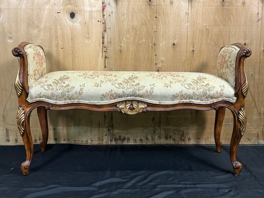 Rama Furniture Inc Upholstered Bench With Floral Fabric And Dark Wood - Painted Gold Detail