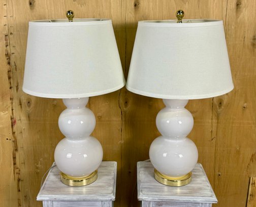 Pair Of White Ceramic Gourd Lamps On Gold Metal Bases