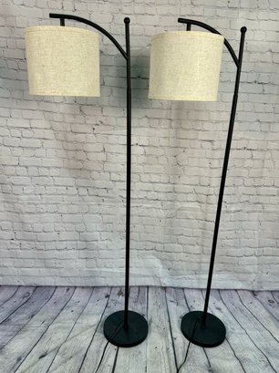 Pair Of Metal Standing Lamps With Foot Button And Sand Linen Shades