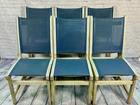Set Of Six Kingsley Bate Teak And Navy Mesh Side Chairs