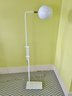 Pair Of Land Of Nod Modern White Metal Standing Lamps With Round Metal Shades
