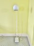 Pair Of Land Of Nod Modern White Metal Standing Lamps With Round Metal Shades