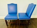 Pair Of Custom Rich Blue Faux Leather Side Chairs With Nailhead Detail And Dark Wood Frame