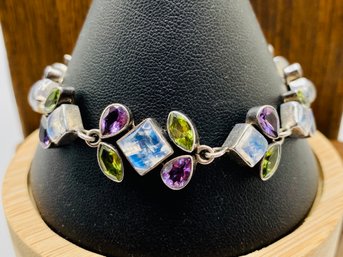 Silver Bracelet With Gemstones - 8 Inch