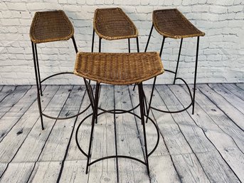 Set Of Four Bar Stools - Metal And Woven Rattan - One Is Damaged