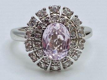 8x6mm Oval Pink Kunzite With Round White Zircon Rhodium Over Sterling Silver Ring - Size 5