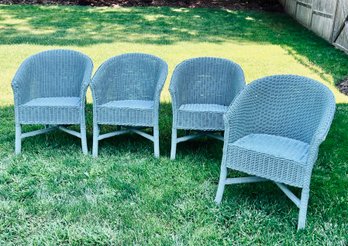 Set Of Four Green Outdoor Wicker Arm Chairs Without Cushions