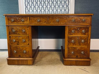 Antique Three-Piece Wood Desk With Green Leather Top & Bamboo Arm Chair