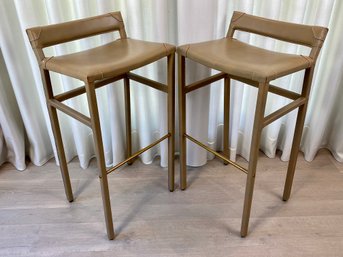 Set Of Two Ochre Sable Leather Bar Stools - Tan With White Stitching And Brass Foot Rest - Counter Height