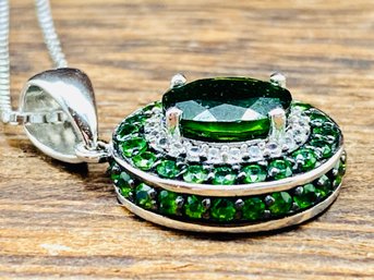 8x6mm 1 Ct Oval Russian Chrome Diopside With Round White Zircon Rhodium Over Sterling Silver Pendant