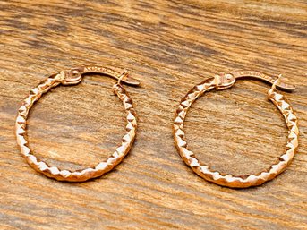 10K Rose Gold Diamond 16mm Cut Hammered Tube Hoop Earrings