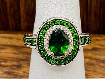 8x6mm 1 Ct Oval Russian Chrome Diopside With Round White Zircon Rhodium Over Sterling Silver Ring - Size 5