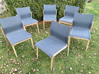 Set Of Six Gloster Sway Teak Stacking Dining Chair - Teak With Black Mesh And Metal