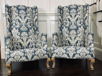 Pair Of Beautifully Upholstered Fleur-De-Lis-Style Pattern Wingback Chairs