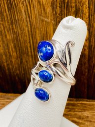 Cabochon Blue Lapis Lazuli Sterling Silver 3-Stone Ring - Size 4