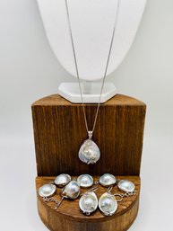 Mother Of Pearl Earrings, Bracelet 7.5, Pendant And Ring With Added 24' Silver Box Chain - Ring Size 4