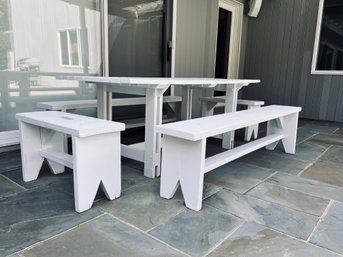 White Picnic Table With Four Benches - Needs A Fresh Coat Of Paint