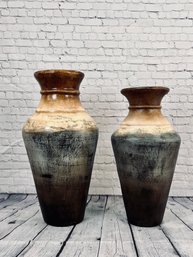 Pair Of Decorative Composite Urns - Cream, Tan, Grey And Black