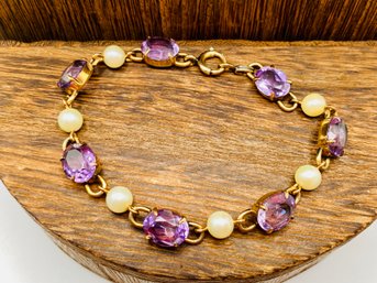 Oval Amethyst And Round White Pearl Bracelet - 7 Inch