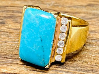 15x9mm Turquoise Gold Plated Silver Ring - Size 6