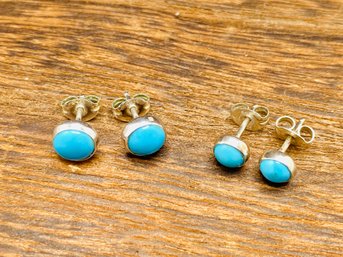 2 Pair Of Round Sleeping Beauty Turquoise Silver Stud Earrings