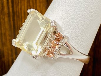 Emerald Cut 10x8mm Lemon Quartz With 6 By 1mm Peach Side Gemstones Sterling Silver Ring - Size 5