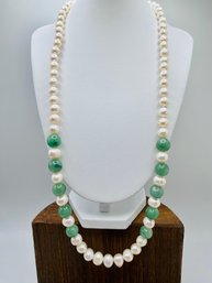 24' Graduated Pearl And Jadeite Necklace With Silver Clasp