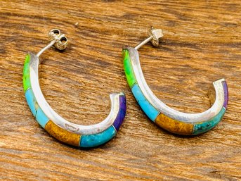 Silver Earrings With 5 Color Cabochon Stones