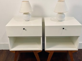 Pair Of White Lacquer West Elm Nightstands With White Ceramic Lamps