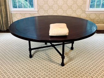 Large Darkwood Circular Dining Table With Metal Industrial Base