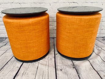 Pair Of Vintage Style Mid Century Modern Bedside Tables - Orange Upholstery With Painted Grey Tops And Bases