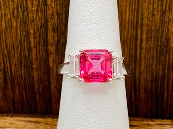 7mm Square Pink Topaz And White Baguette Rhodium Over Silver Ring - Size 5