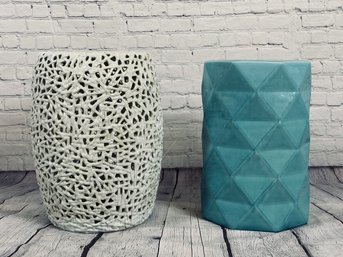 Two Ceramic Garden Stools - Aqua & White