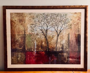 Large Scale Framed And Matted Print - Pair Of Tress - Gold, Red. Green And Tan