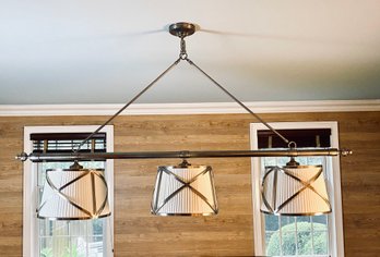 Large Brushed-Nickel Three Light Chandelier With Metal Wrapped Shades