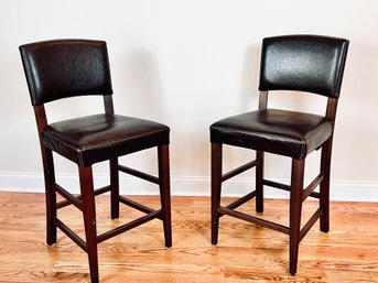 Pair Of Pier One Chocolate Leather Bar Stools - Mahogany Color Legs