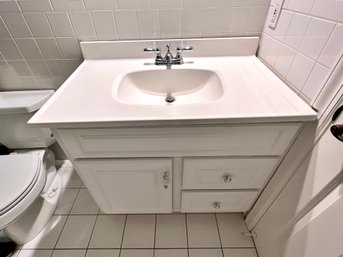 White Wood Single Sink Vanity With Quartz Top & Integrated Backsplash - Contractor Removal Required