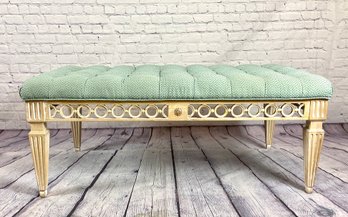 Tufted, Green Upholstery With Distressed, Carved Wood Frame