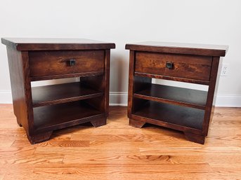 Pair Of 1 Drawer, 2 Shelf Pottery Barn Sumatra Nightstands - Heavy Dark Wood