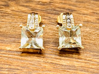 7mm Square Green Prasiolite With Round White Diamond 10k Yellow Gold Earrings