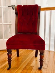 Red Velvet And Wood Chair With Pair Of Front Wheels