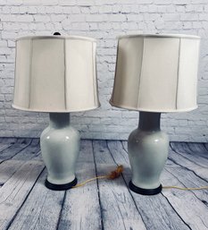 Pair Of White Ceramic With White Cloth Shades