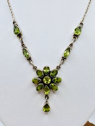 Round, Oval, Pear And Marquise Peridot And Silver Necklace - 15 1/2 Inches