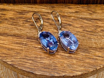 16x10mm Oval Blue Color Change Fluorite With Round White Zircon Rhodium Over Sterling Silver Dangle Earrings