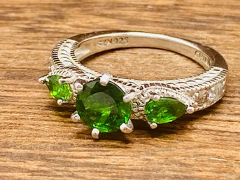 Round And Pear Shaped Chrome Diopside With Round White Zircon Rhodium Over Silver Ring - 6