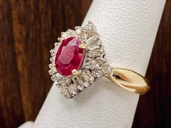 Single 6x4 Red Ruby With Round And Baguette White Zircon On 14k Ring - Size 5