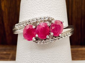 5x4mm 3 Oval Red Ruby Rhodium Over Sterling Silver Ring - Size 6