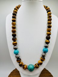 18 Inch Turquoise, Tiger Eye Stones And Bead Necklace